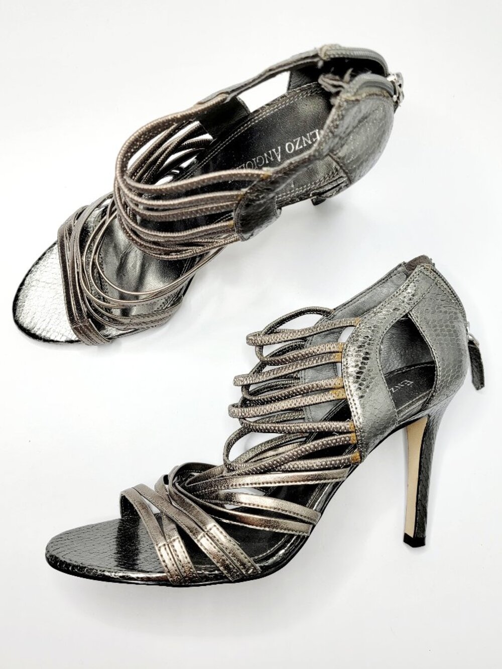 Enzo Angiolini Size 7 Metallic Gray Stiletto Strappy Heels